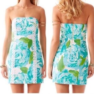 ❤️ LILLY PULITZER Tansy Dress Blue Floral Strapless K20